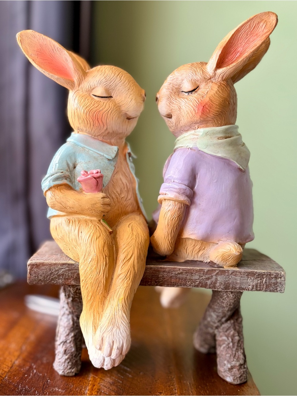Cottagecore Bunny Romantic Scene on Bench Sculpture Figurine Accent